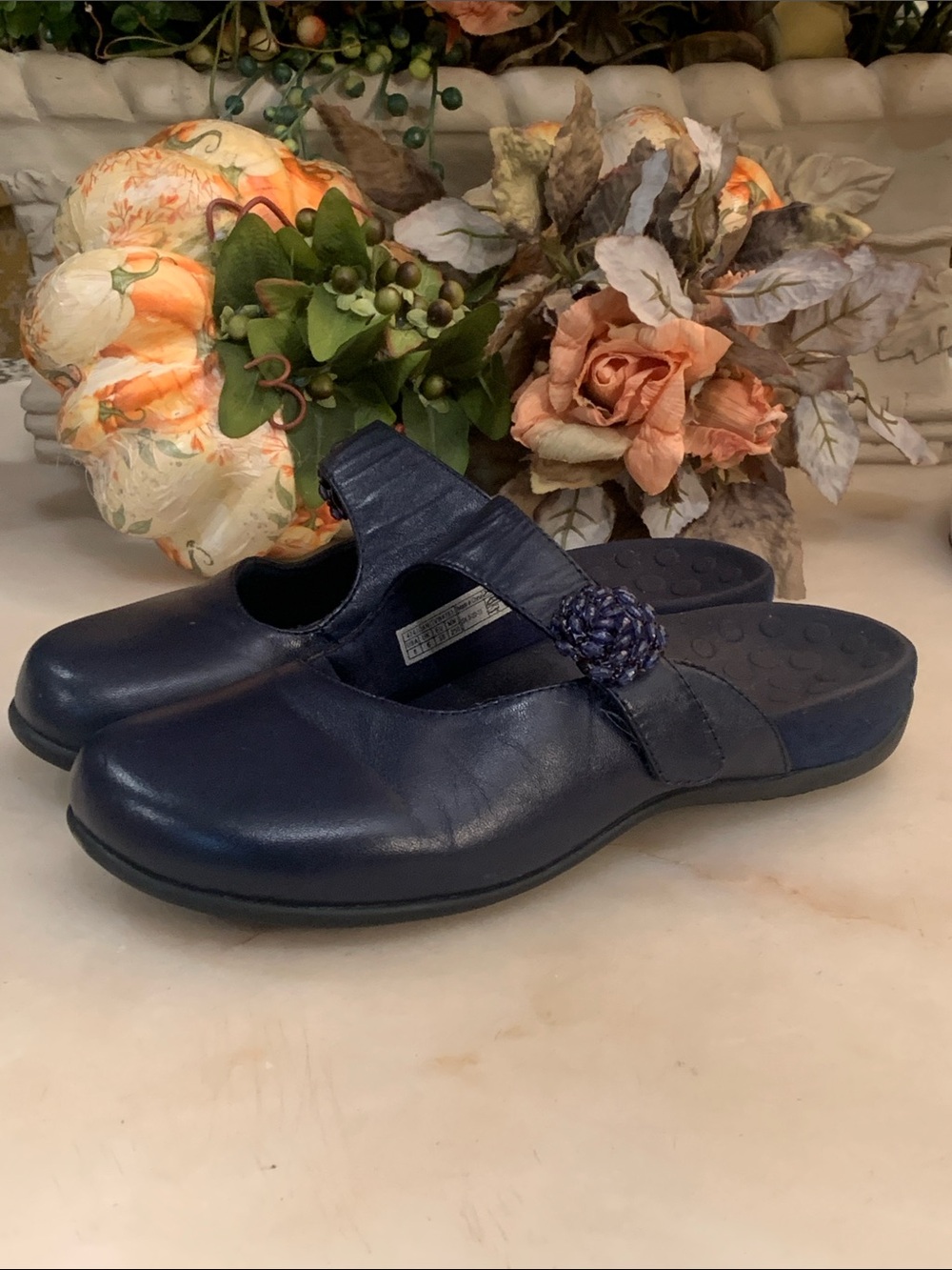 Vionic Joan Mary Jane Navy Leather Mules Size 8